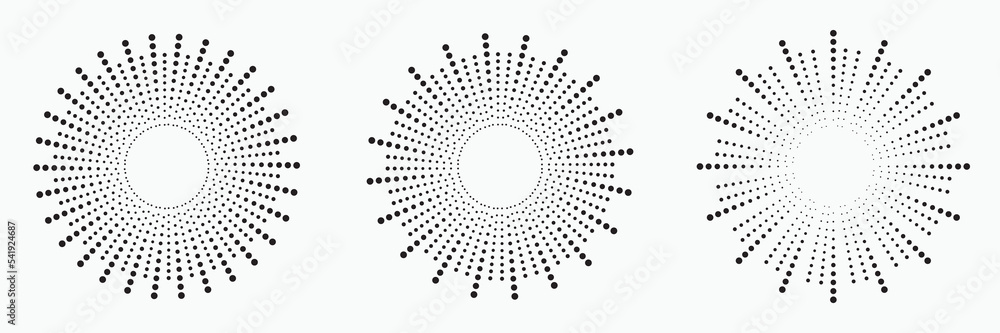 Poster Radial halftone dots in Circle Form. Dotted fireworks explosion background. Starburst round Logo. Circular Design element. Abstract Geometric star rays.