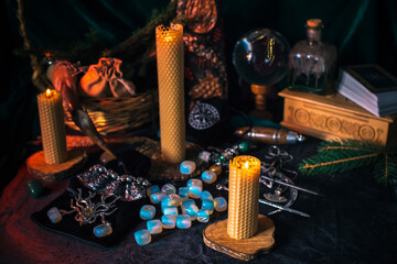 Scandinavian, Nordic concept, old world magic. Rite, pagan scene, North witch altar