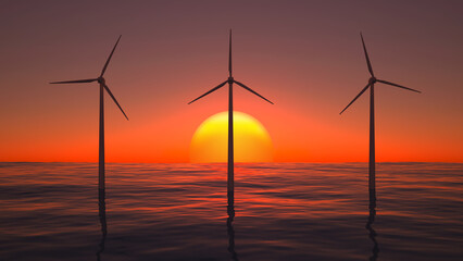 three of wind turbines in the sea at sunset