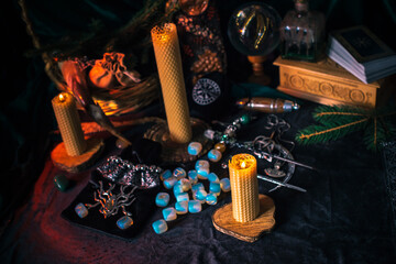 Scandinavian, Nordic concept, old world magic. Rite, pagan scene, North witch altar