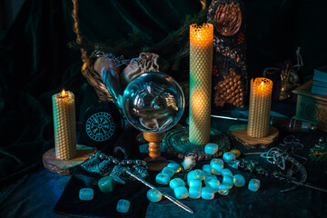 Scandinavian, Nordic concept, old world magic. Rite, pagan scene, North witch altar