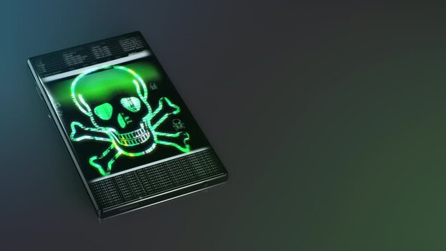 Glitch skull virus icon on smartphone screen in 3D digital background animation
