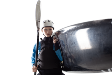 Woman in a kayak isolated on white