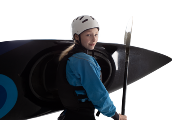 Woman in a kayak isolated on white