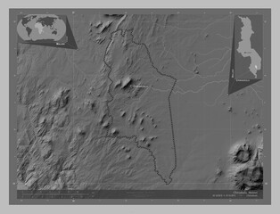 Chiradzulu, Malawi. Grayscale. Labelled points of cities