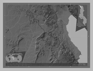 Chitipa, Malawi. Grayscale. Labelled points of cities