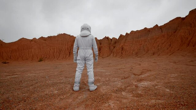 A cosmonaut in a white suit stands inside the crater and looks ahead. Rear view of an astronaut inspired by a landscape from a distant planet.
