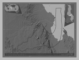Dedza, Malawi. Grayscale. Labelled points of cities