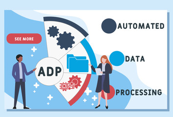ADP - Automated Data Processing acronym. business concept background.  vector illustration concept with keywords and icons. lettering illustration with icons for web banner, flyer, landing