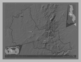Dowa, Malawi. Grayscale. Labelled points of cities