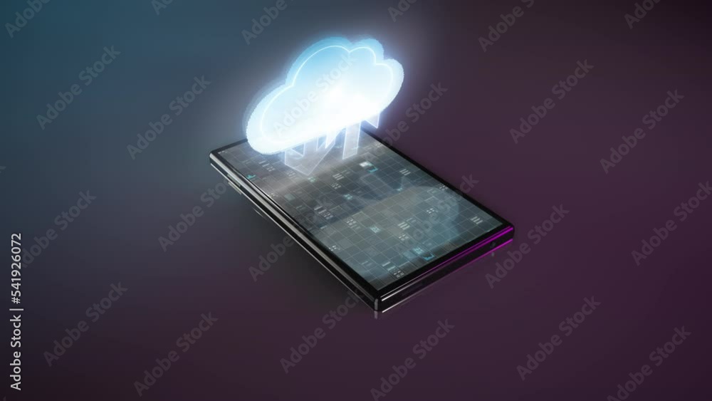 Sticker glowing data cloud icon over digital smartphone 3d animation