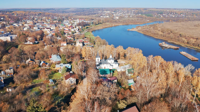 Tarusa, autumn forest and trees, Russian cities, Oka river, aerial shots