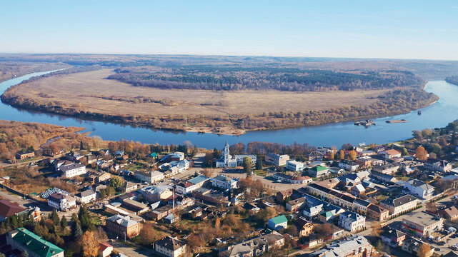 Tarusa, autumn forest and trees, Russian cities, Oka river, aerial shots