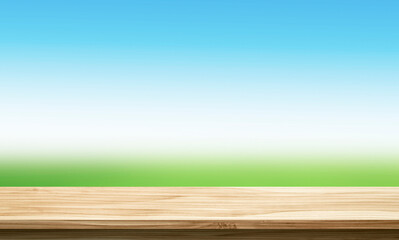 wooden table against the blurred nature background, 3d illustration, product display stand mock-up