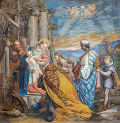 Schilderijen op glas IVREA, ITALY - JULY 15, 2022: The fresco of Three Magi in the church Santuario Monte Stella from middle of 20. cent. © Renáta Sedmáková