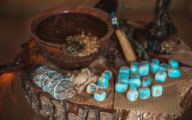 Scandinavian, Nordic concept, old world magic. Rite, pagan scene, North witch altar