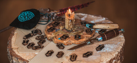 Scandinavian, Nordic concept, old world magic. Rite, pagan scene, North witch altar