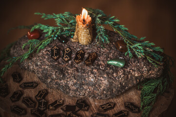 Scandinavian, Nordic concept, old world magic. Rite, pagan scene, North witch altar