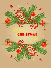Sale banner with Christmas balls in red and gold colors and christmas tree.