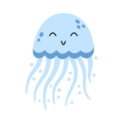 Vector cute blue jellyfish. Marine life animal in flat design. Marine underwater medusa. Transparent creature. Smiling jellyfish with tentacles. © Ulyana Mo