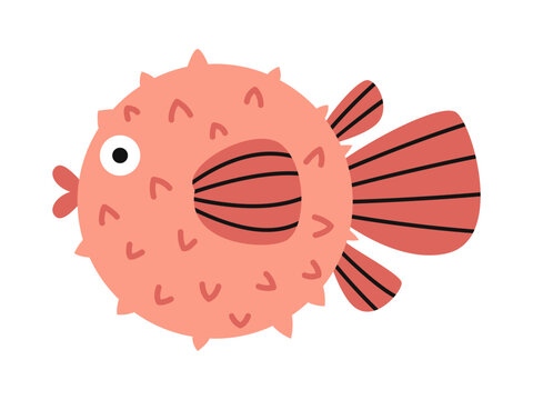 recommend clip art: Vector cute red globefish. Tropical fish in flat design. Marine underwater balloonfish. Blowfish with striped fins.