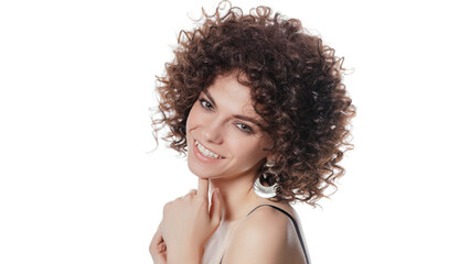 Fashionable portrait of an attractive girl with African curls. Sexy girl in lingerie on a white isolated background.