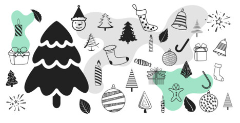 set of hand drawn christmas decorative symbols design