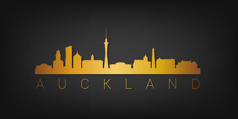 Naklejka premium Auckland, New Zealand Gold Skyline City Silhouette Vector. Golden Design Luxury Style Icon Symbols. Travel and Tourism Famous Buildings.