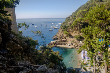 San Fruttuoso bay, with its small beach and hilly coastline, Liguria, Italy.