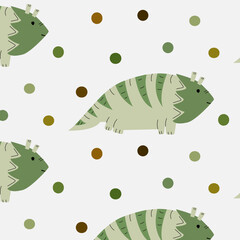 Seamless pattern with lizard and circles on a white background. Flat illustration. Green dinosaur. Design for textile, fabric, wallpaper, wrapping, giftwrap, paper, scrapbook, packaging.