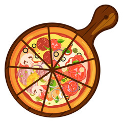 Fototapeta na wymiar Italian pizza different slices on wooden tray cartoon icon