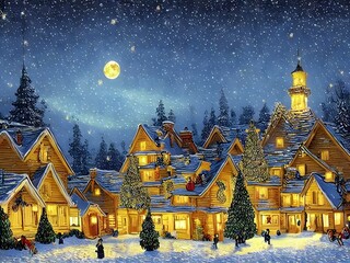 Naklejka premium Cute cozy Village with Christmas tree 3d illustration, 3d render