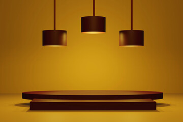yellow stage podium for advertising and and 3 lamps in room, empty display scene 3d render
