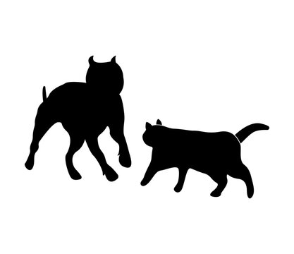 Silhouette of dog and cat. Pitbull and cat running. Isolated on white background.