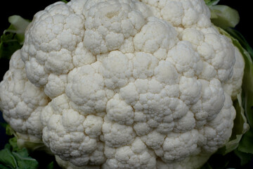 Close up of fresh, organic, cauliflower against black background
