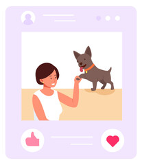 Social media post. Happy woman with dog in internet