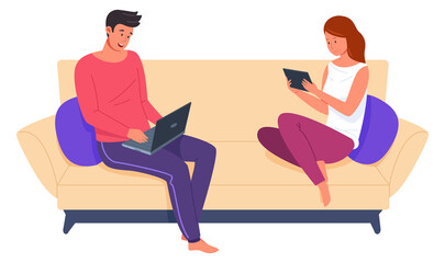 Digital addiction. Man and woman sitting on couch with personal gadgets