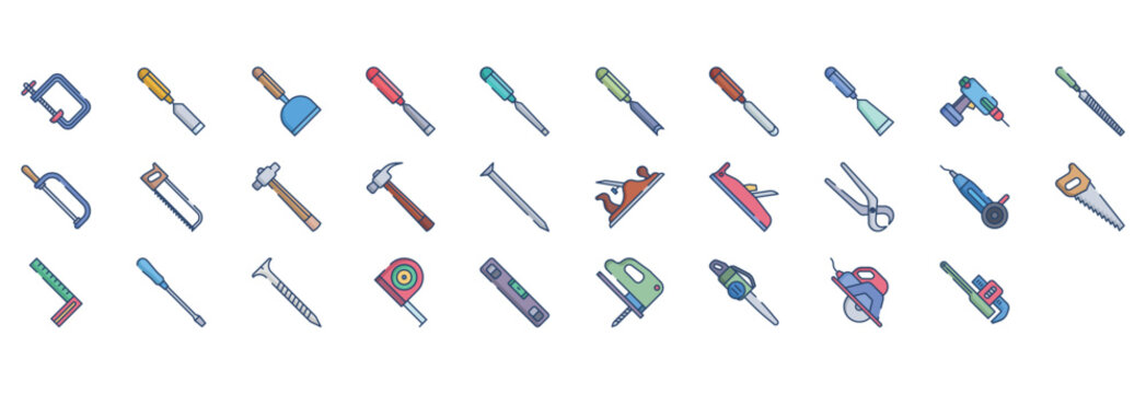 Collection of icons related to Carpentry tools, including icons like Clipper, Cutting tool, File and more. vector illustrations, Pixel Perfect set
