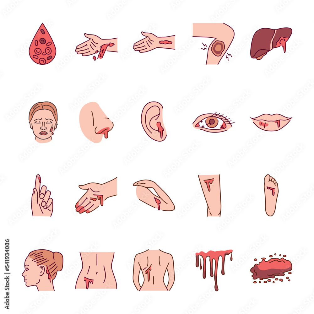 Poster bleeding from different parts of the body color line icons set. pictograms for web page