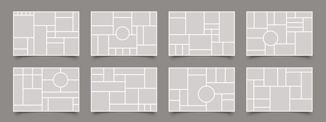 Photo collage. Blank moodboard grid layout, mosaic gallery frame mockup minimalist horizontal design, photography album portfolio banner. Vector set - obrazy, fototapety, plakaty