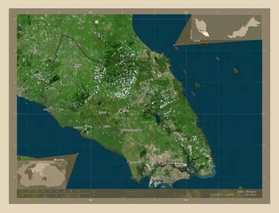 Johor, Malaysia. High-res satellite. Labelled points of cities - obrazy, fototapety, plakaty