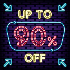 Up to 90% off, sale Neon sign. On brick wall background. Neon text. Bright colored vector. Vector Illustration