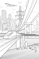 Outline city illustration. Railroad bridge. Car overpass. Train rides. City Infrastructure and transport image. Urban scene. Vector design art. Black lines on white background - 541934631