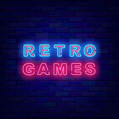 Fototapeta premium Retro games neon signboard. Luminous label on brick wall. Glowing advertising. Vector stock illustration