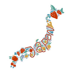 Illustration with Japan map with fruits and leaves on white background. Tourism concept.