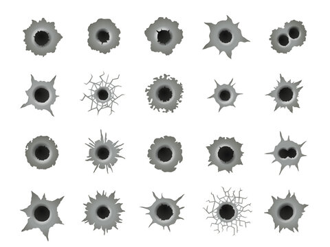 Bullet holes. Gun shot ragged marks, gunshot bullethole damage weapon impact hollows on metal steel surface criminal destruction concept. Vector set