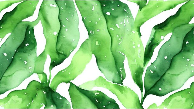 Green and blush tropical leaves on white background. Watercolor hand painted seamless border. Floral tropic illustration. Jungle foliage animation.