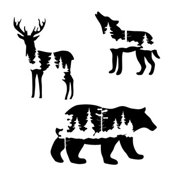 set with wild forest animals deer,wolf,bear, black and white vector silhouette