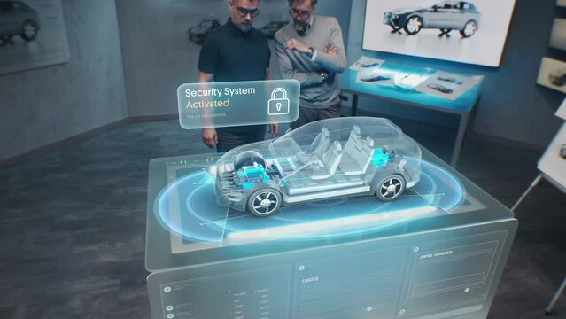 Development engineers are testing the security system of an electric car using an innovative augmented reality system, with emulation of a 3D model of an electric car in the studio.