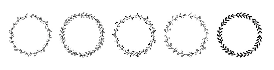 Vector illustration hand drawn wreaths. Minimal cute doodle leaves wreath frame set for cards, designs, prints.